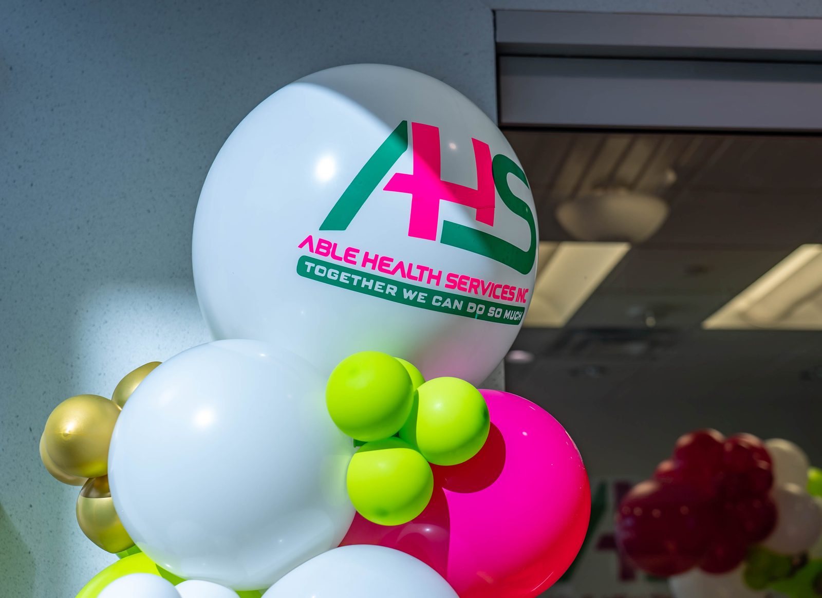 Able Health Services grand opening branded balloon installation in Hanover, Maryland — Creative Motion Events
