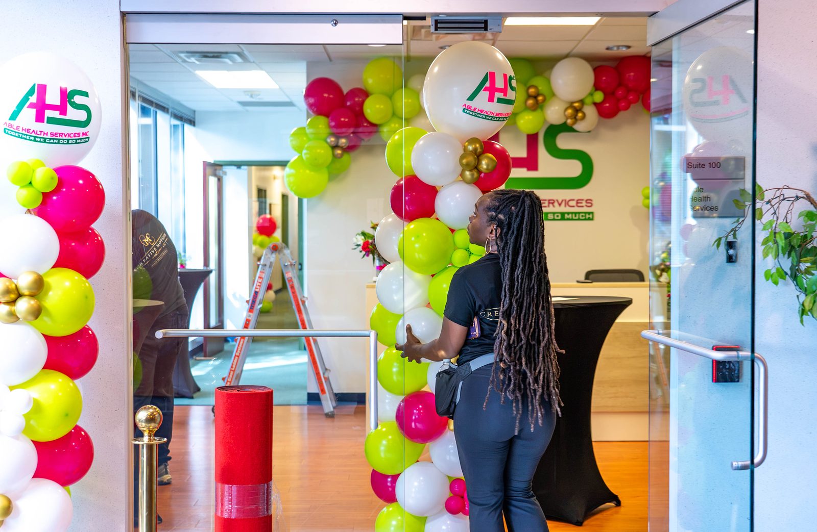 Able Health Services grand opening branded balloon installation in Hanover, Maryland — Creative Motion Events