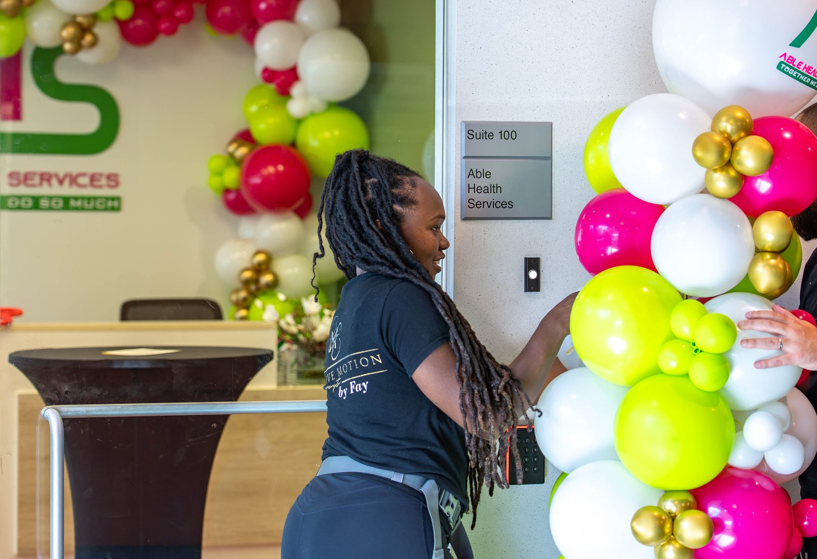 Able Health Services grand opening branded balloon installation in Hanover, Maryland — Creative Motion Events