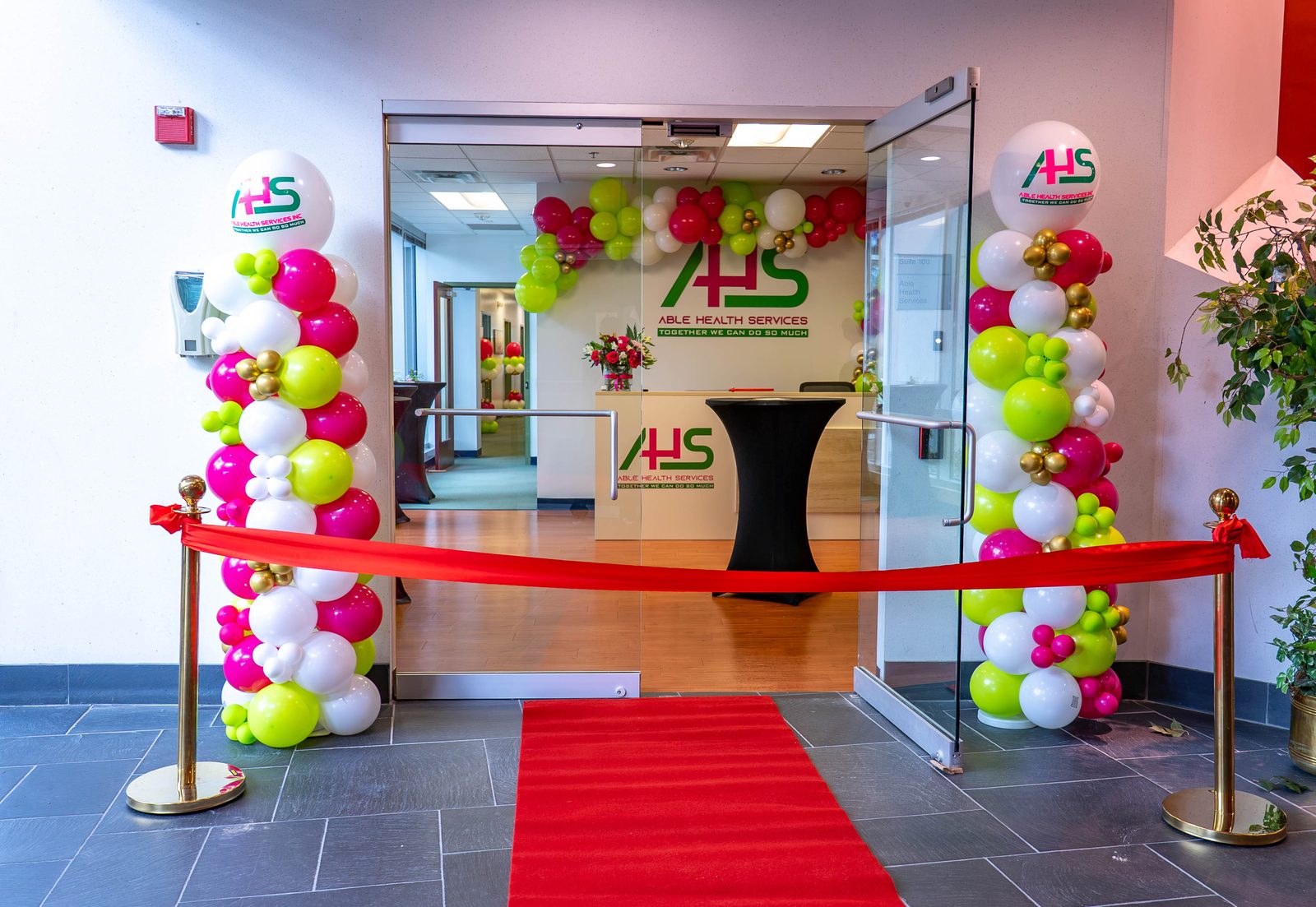 Able Health Services grand opening ribbon décor in Hanover, Maryland — Creative Motion Events