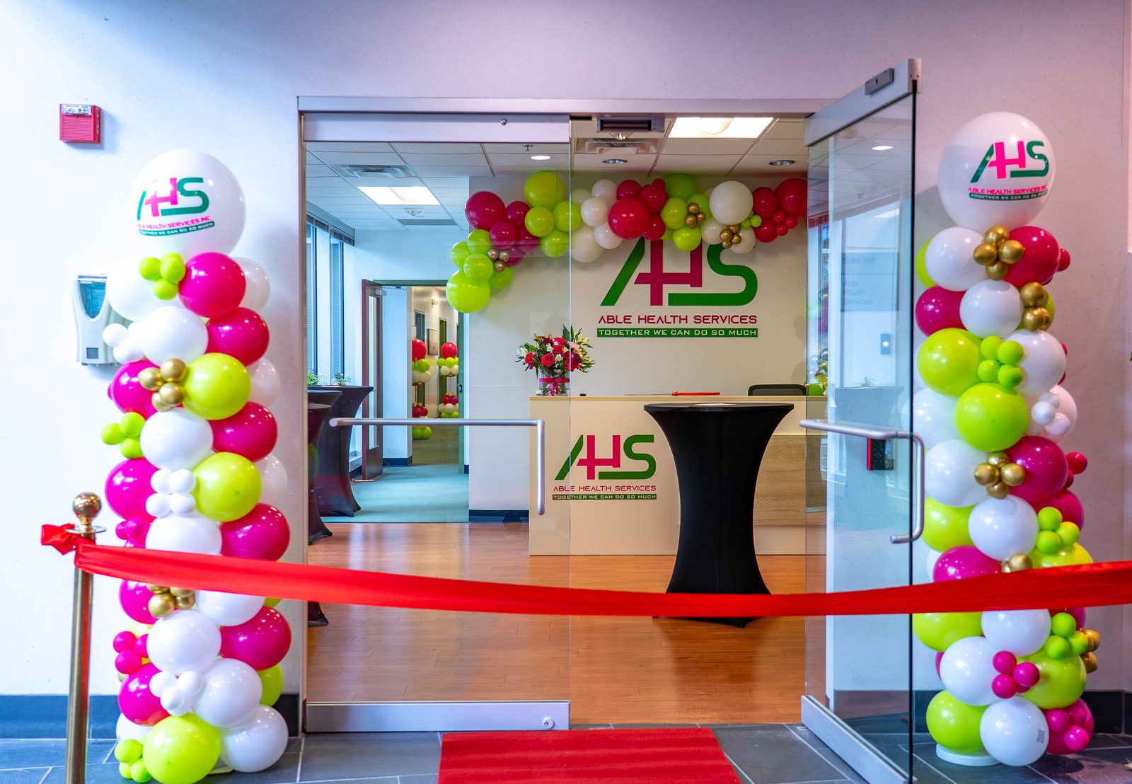 Able Health Services grand opening branded balloon installation in Hanover, Maryland — Creative Motion Events