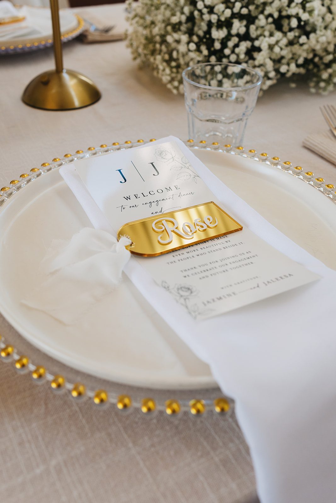 Jazmine and Jaleesa engagement dinner place setting detail in Maryland — Creative Motion Events
