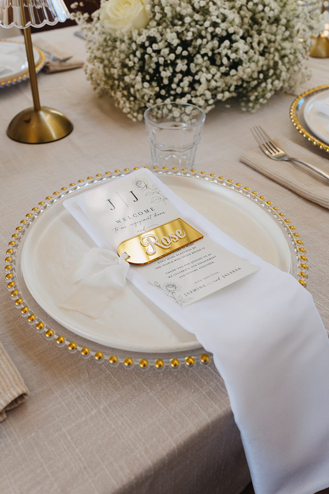 Jazmine and Jaleesa engagement dinner elegant place cards in Maryland — Creative Motion Events