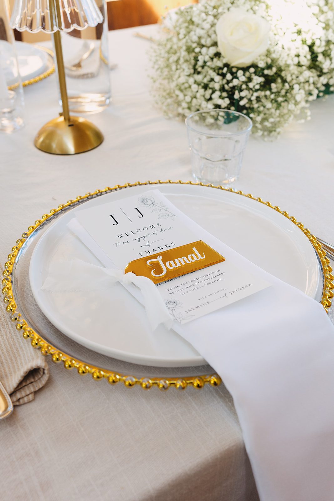 Jazmine and Jaleesa engagement dinner place setting detail in Maryland — Creative Motion Events