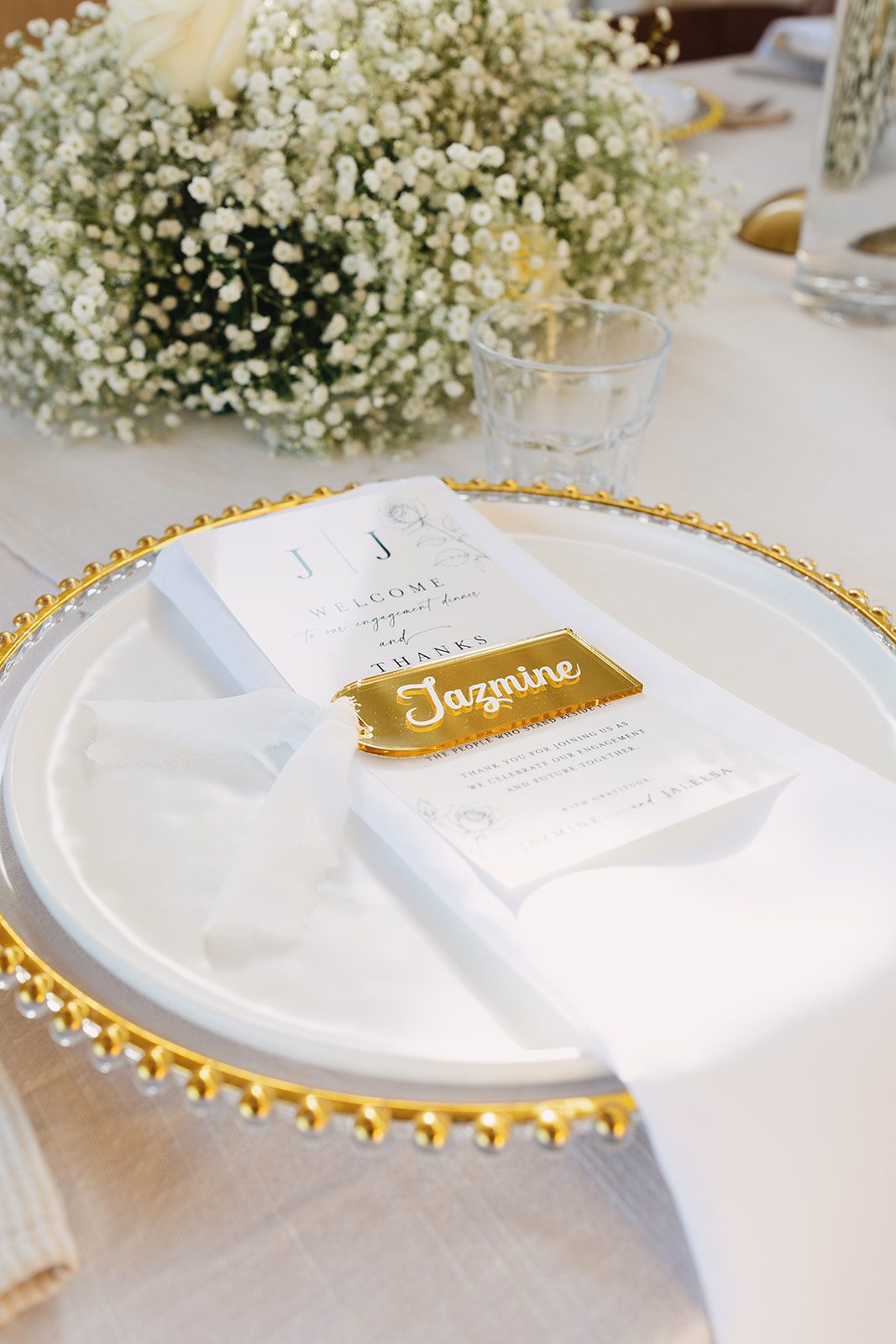 Jazmine and Jaleesa engagement dinner elegant place cards in Maryland — Creative Motion Events
