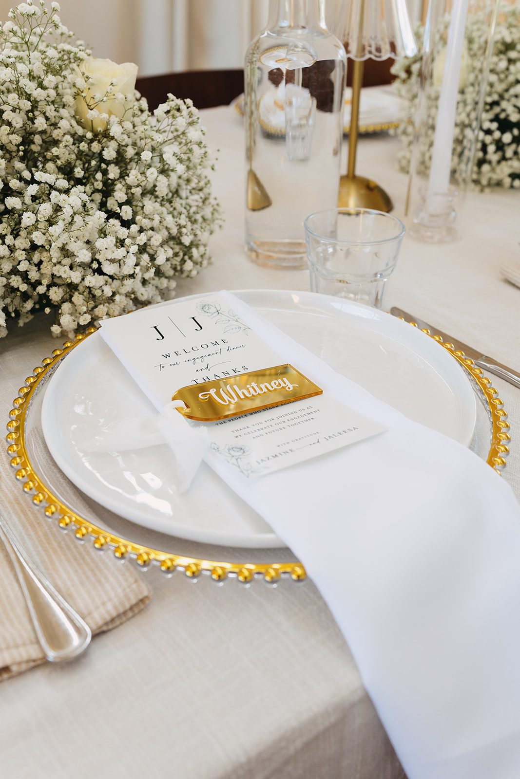 Jazmine and Jaleesa engagement dinner place setting detail in Maryland — Creative Motion Events