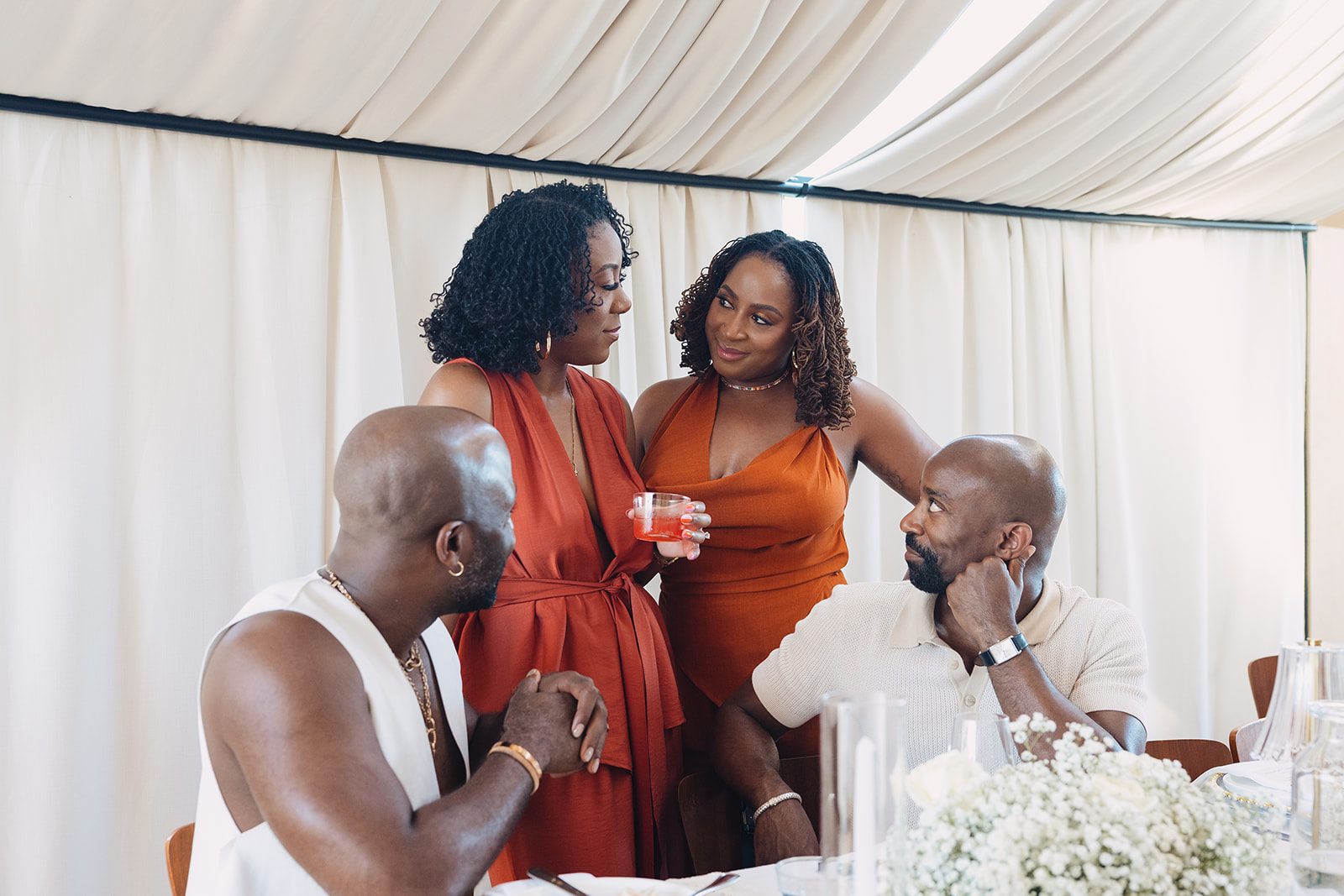 Jazmine and Jaleesa engagement dinner candlelit reception décor in Maryland — Creative Motion Events