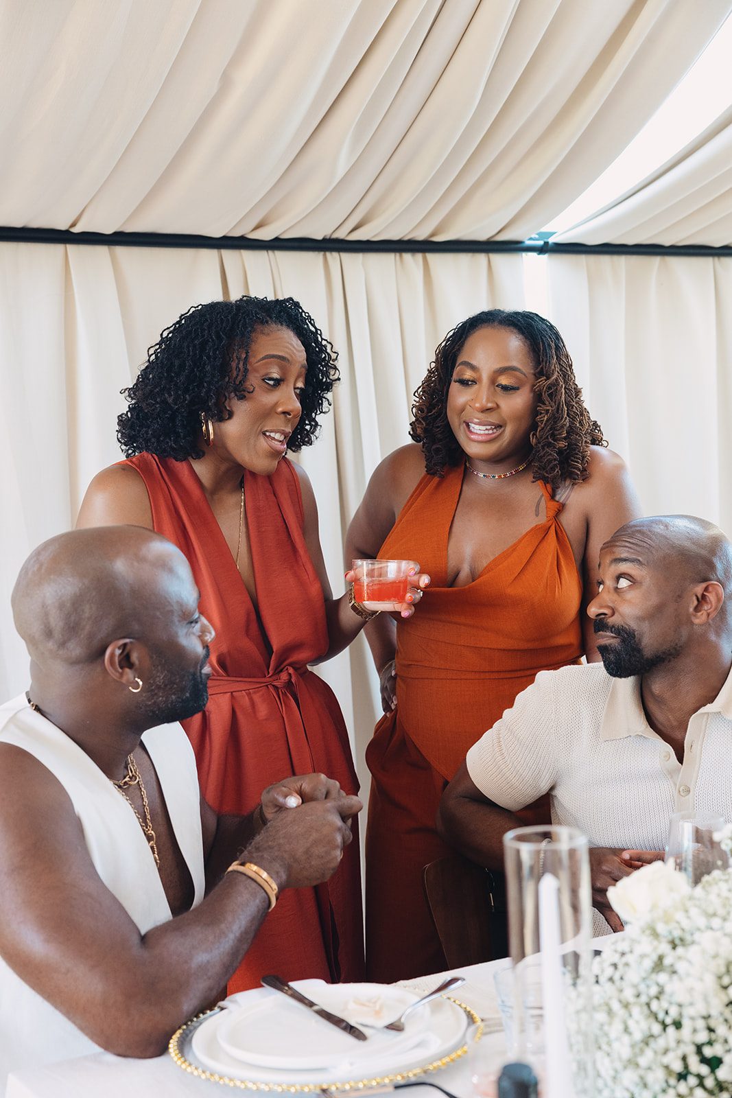 Jazmine and Jaleesa engagement dinner tablescape with florals in Maryland — Creative Motion Events