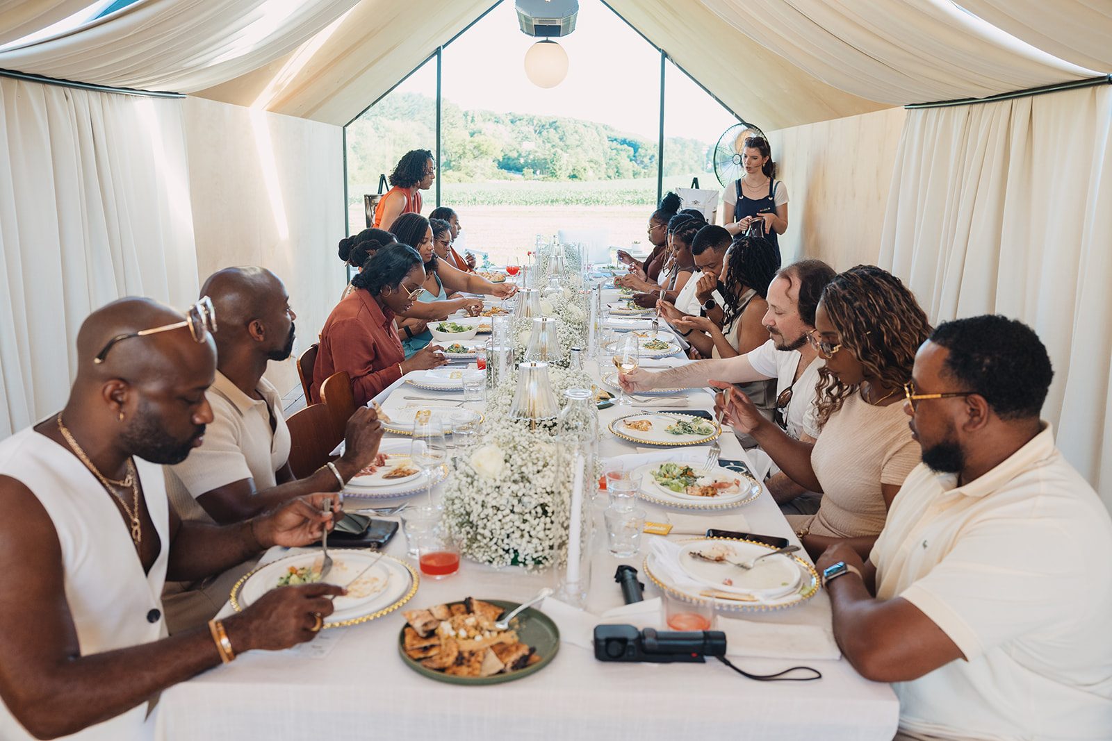 Jazmine and Jaleesa engagement dinner tablescape with florals in Maryland — Creative Motion Events
