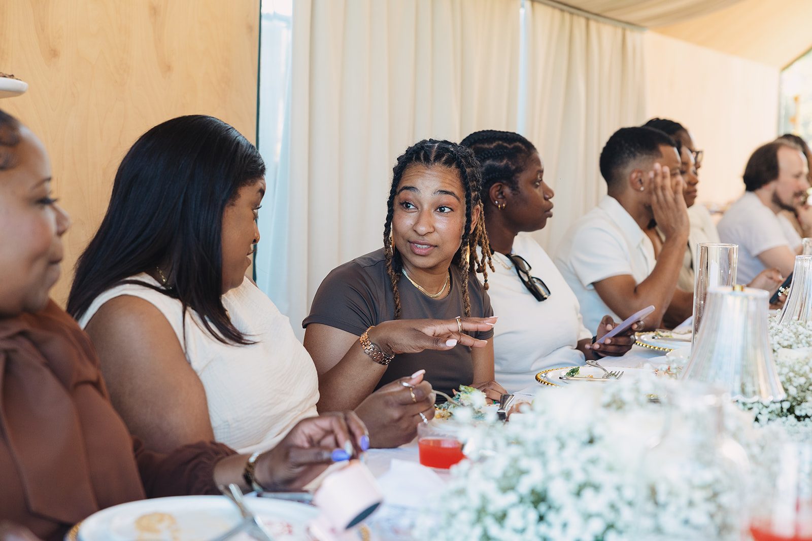 Jazmine and Jaleesa engagement dinner lounge seating vignette in Maryland — Creative Motion Events
