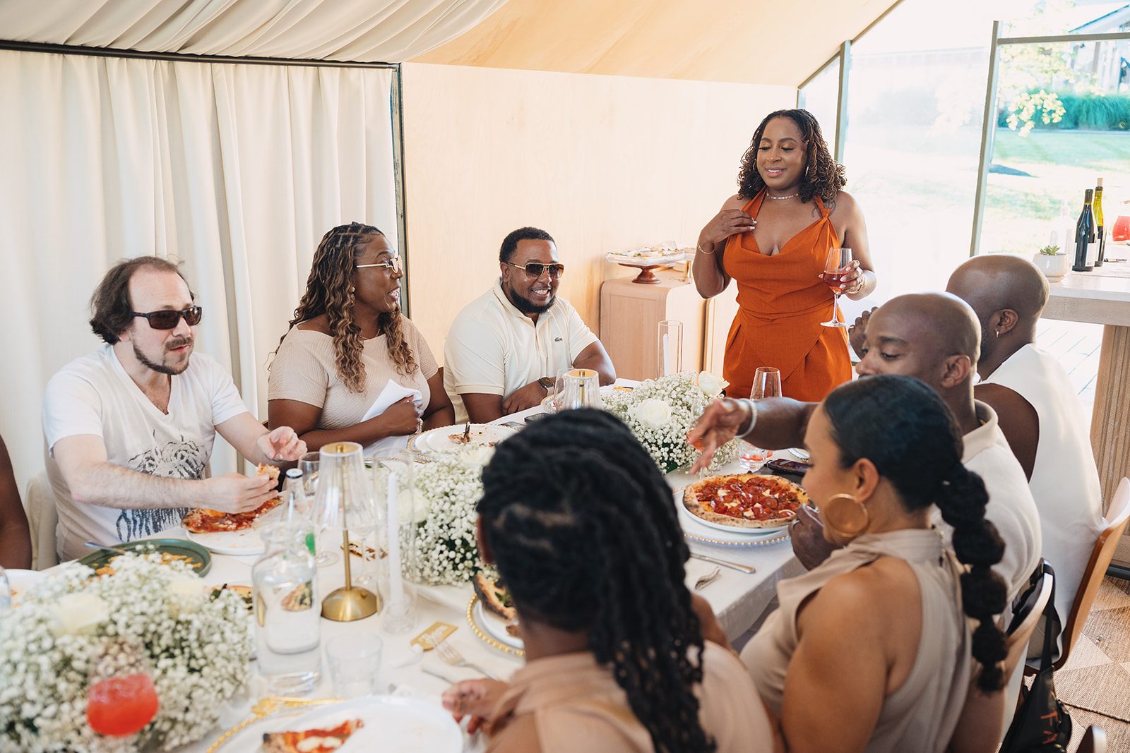 Jazmine and Jaleesa engagement dinner tablescape with florals in Maryland — Creative Motion Events