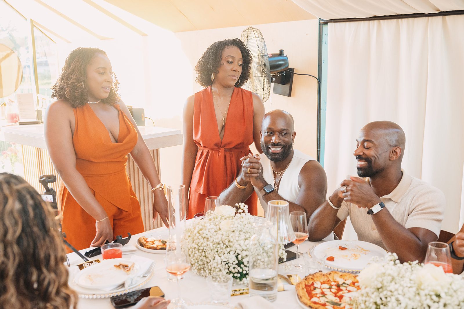 Jazmine and Jaleesa engagement dinner tablescape with florals in Maryland — Creative Motion Events