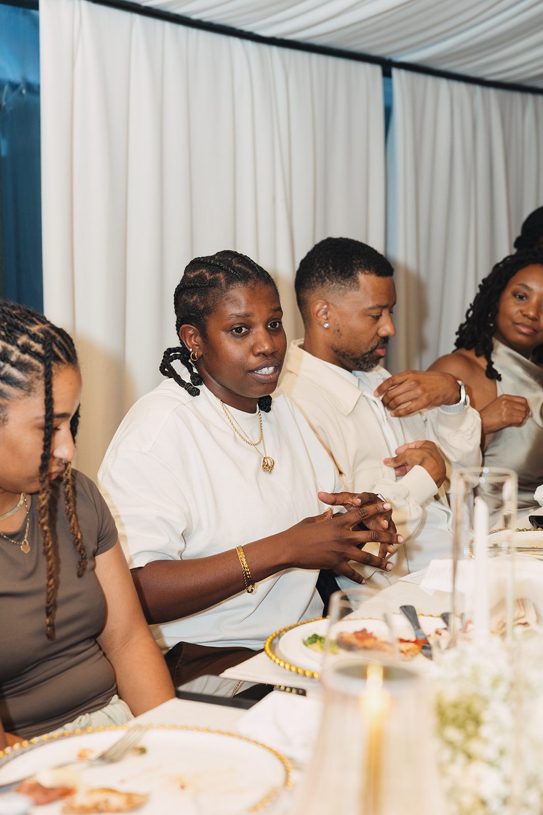 Jazmine and Jaleesa engagement dinner candlelit reception décor in Maryland — Creative Motion Events