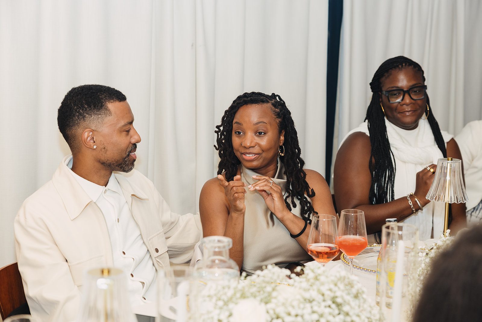 Jazmine and Jaleesa engagement dinner lounge seating vignette in Maryland — Creative Motion Events
