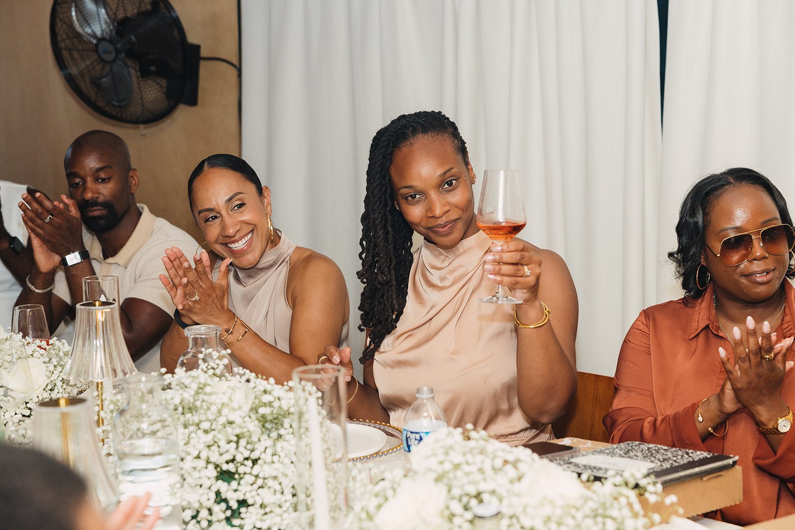 Jazmine and Jaleesa engagement dinner tablescape with florals in Maryland — Creative Motion Events