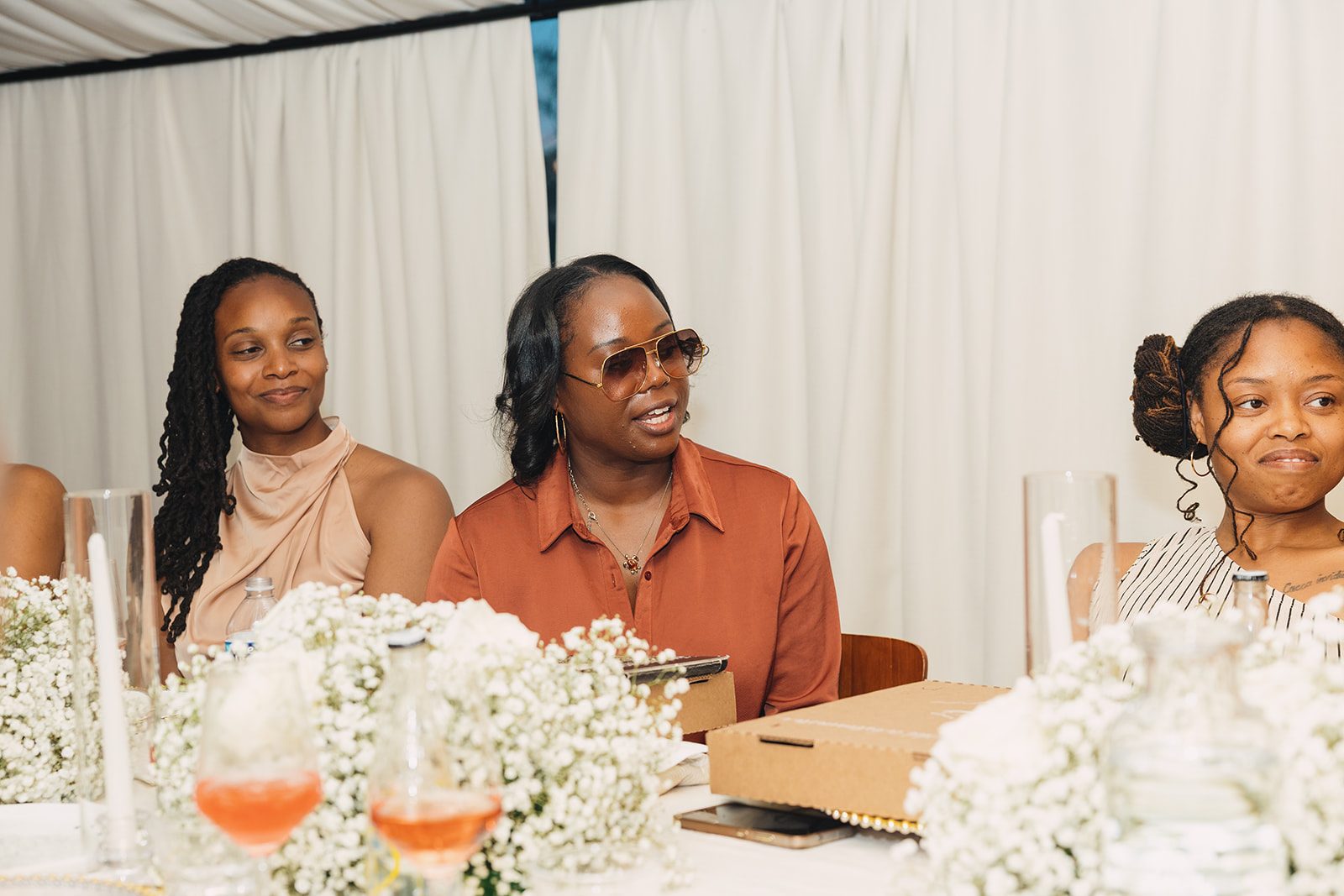 Jazmine and Jaleesa engagement dinner candlelit reception décor in Maryland — Creative Motion Events