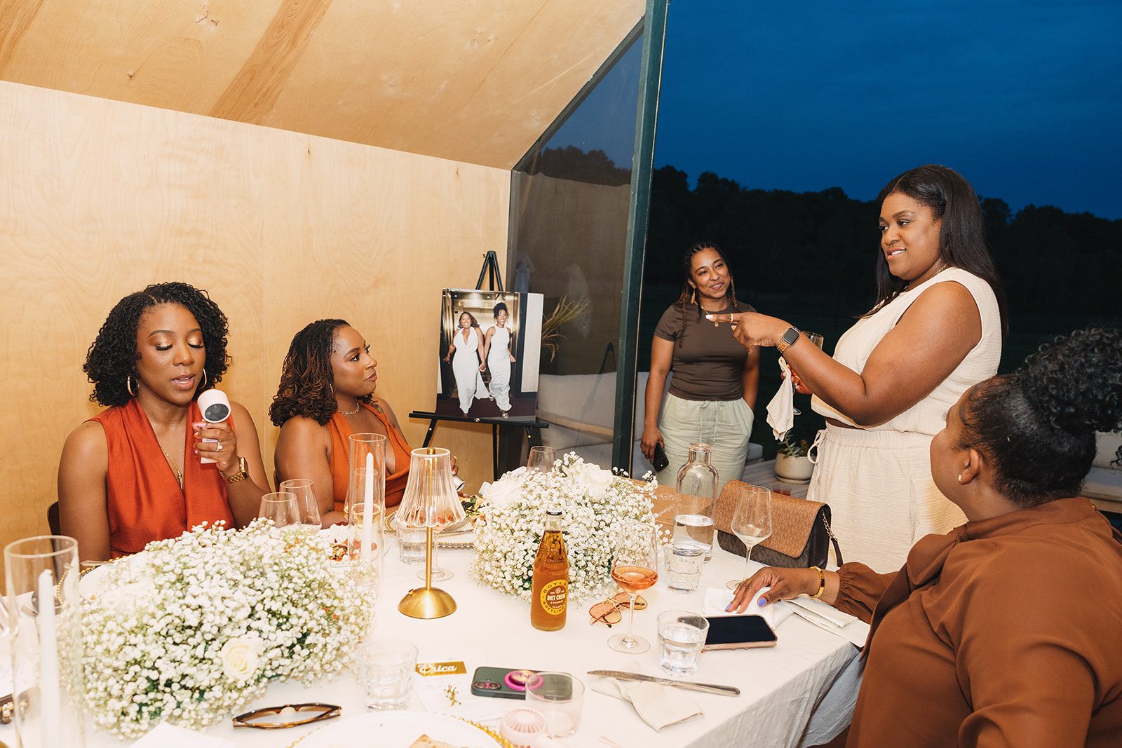 Jazmine and Jaleesa engagement dinner banquet table design in Maryland — Creative Motion Events