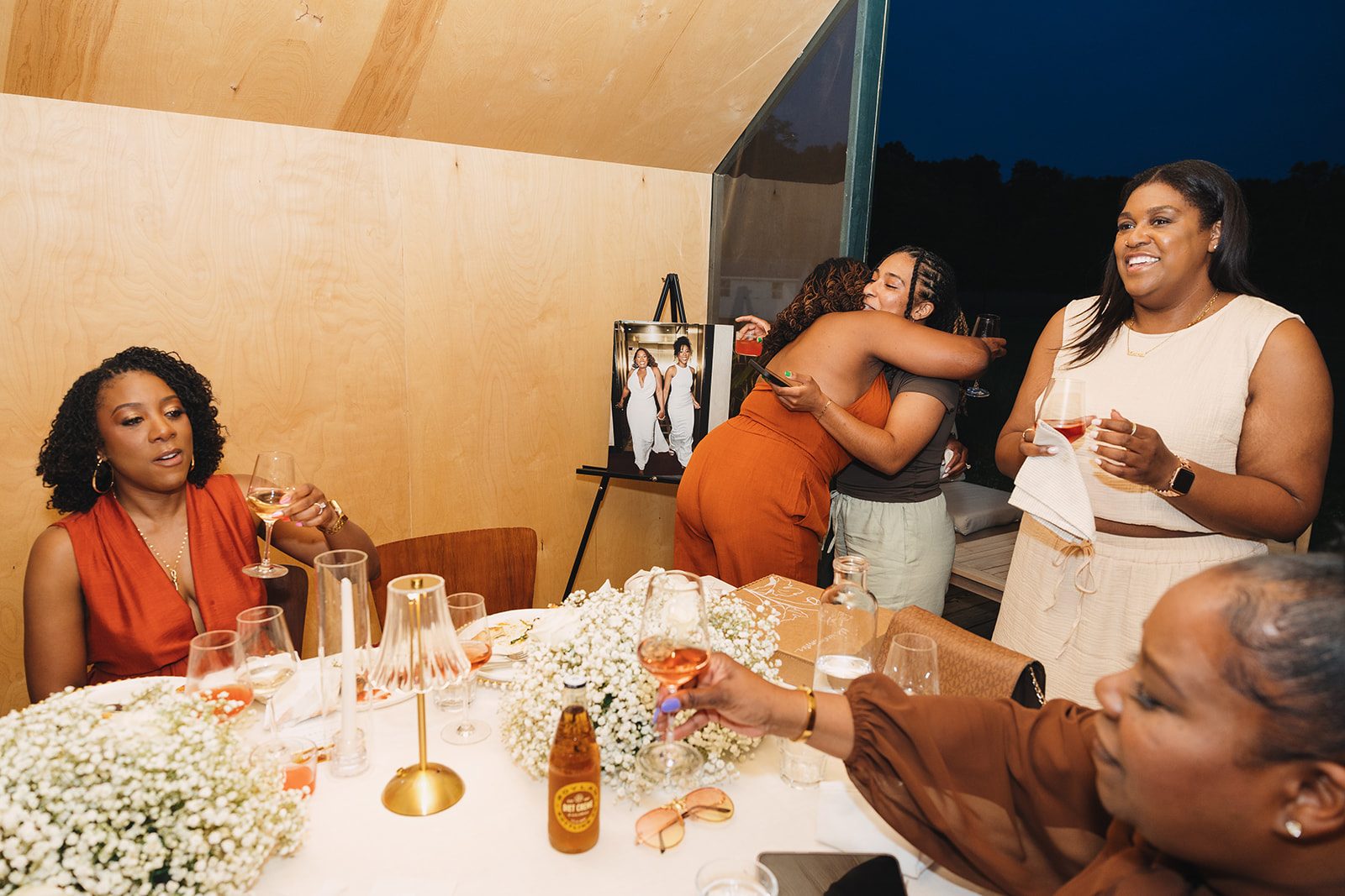 Jazmine and Jaleesa engagement dinner candlelit reception décor in Maryland — Creative Motion Events