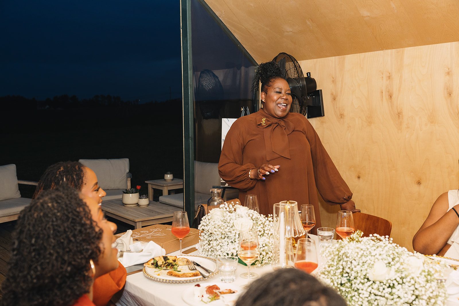 Jazmine and Jaleesa engagement dinner lounge seating vignette in Maryland — Creative Motion Events