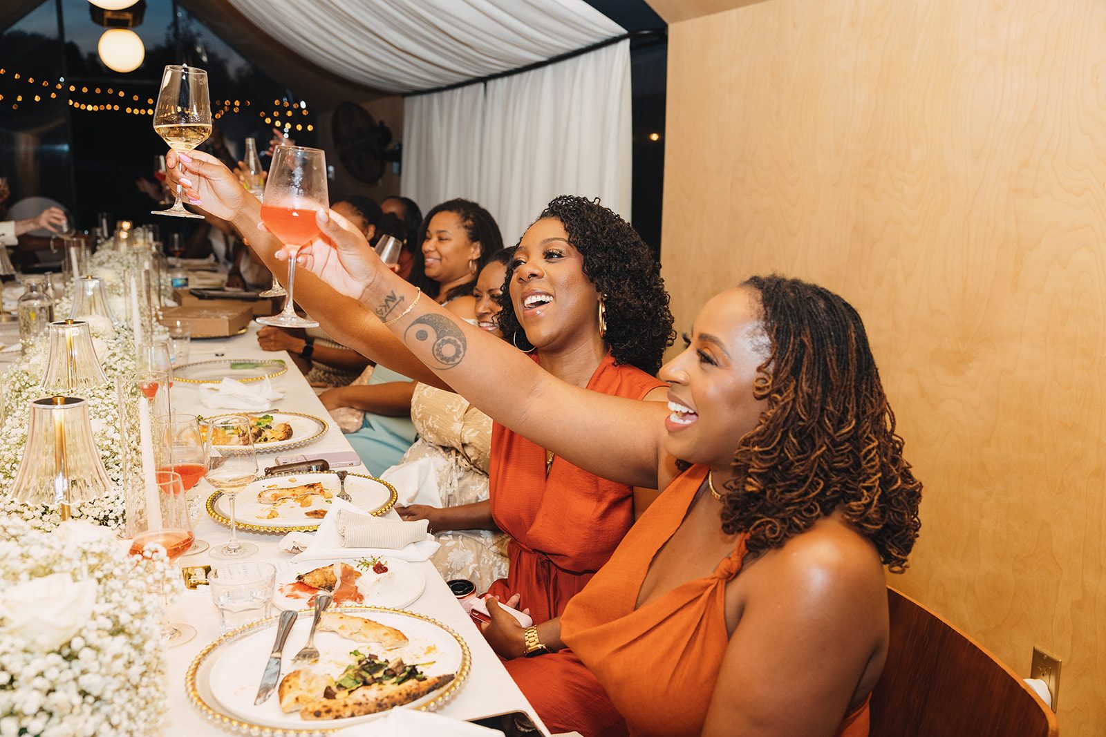 Jazmine and Jaleesa engagement dinner tablescape with florals in Maryland — Creative Motion Events
