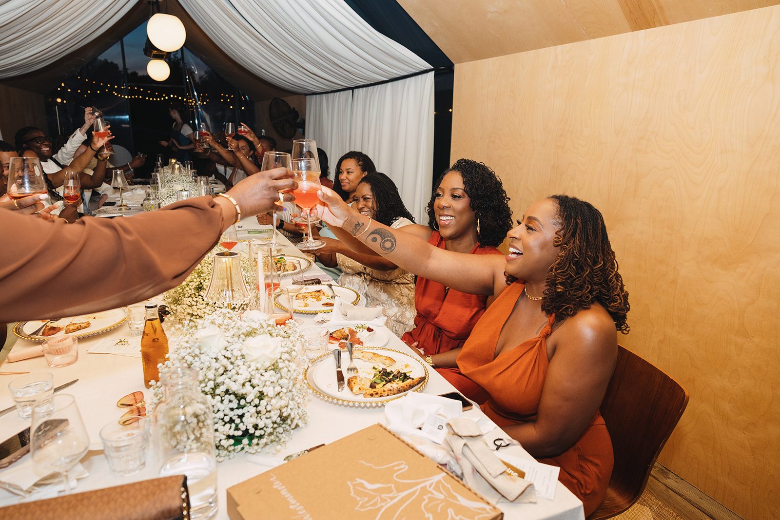 Jazmine and Jaleesa engagement dinner banquet table design in Maryland — Creative Motion Events