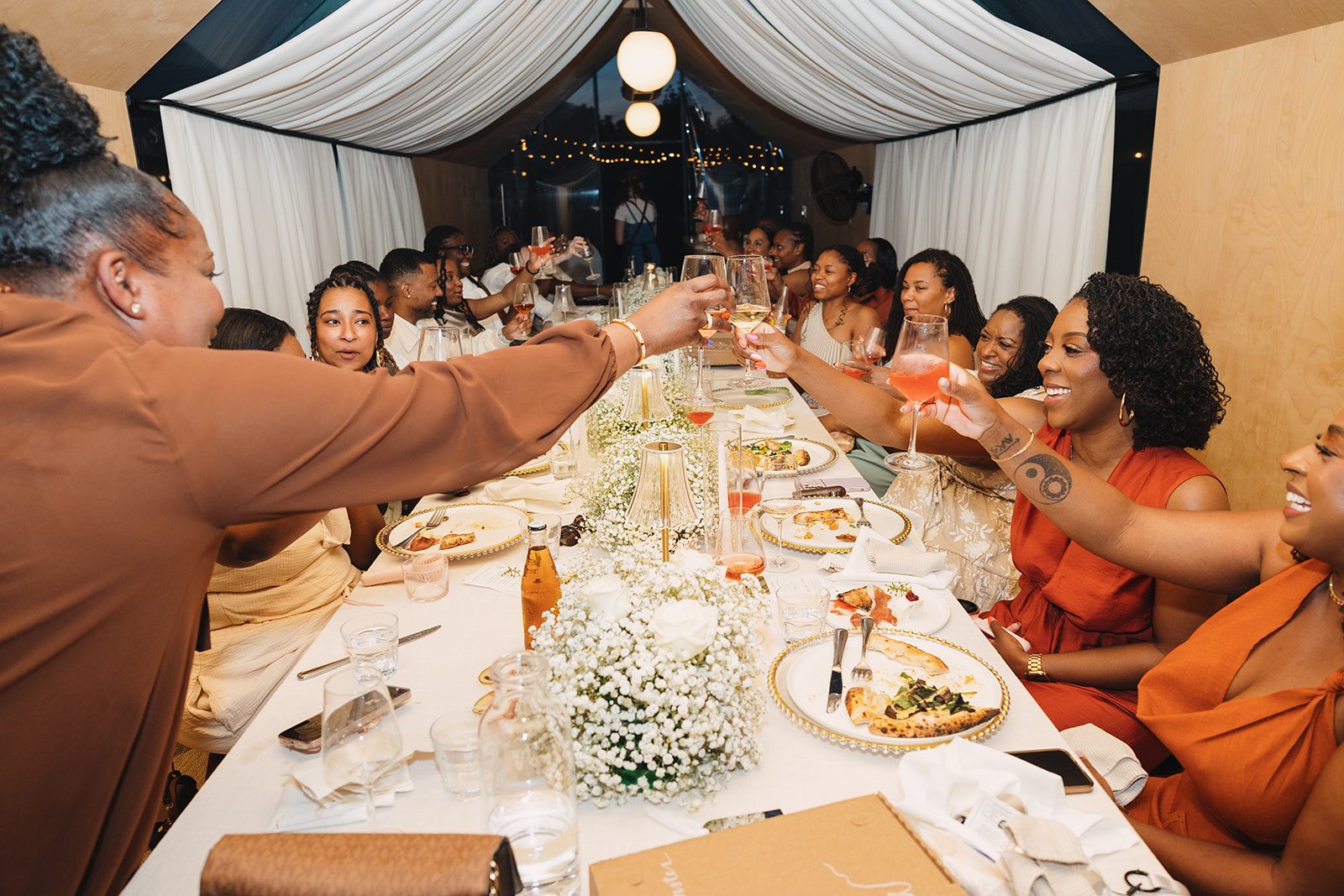 Jazmine and Jaleesa engagement dinner candlelit reception décor in Maryland — Creative Motion Events