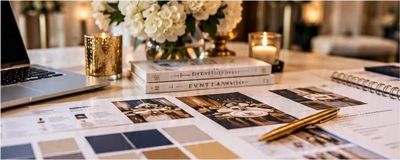 Creative direction workspace with event planning materials, photo inspiration, color swatches and gold pen