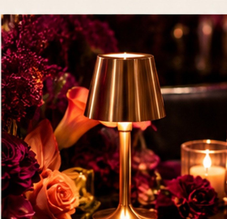 Warm gold table lamp, lush florals, and candlelit event details