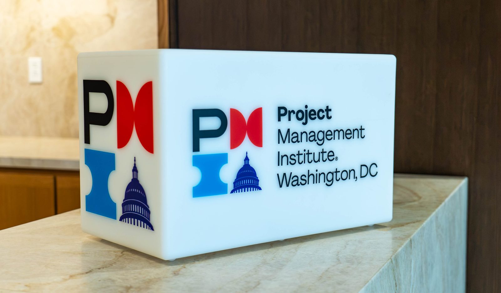 Lit Project Management Institute Washington DC logo cube at the PMI Washington DC Chapter Awards Gala, JW Marriott Reston, Virginia