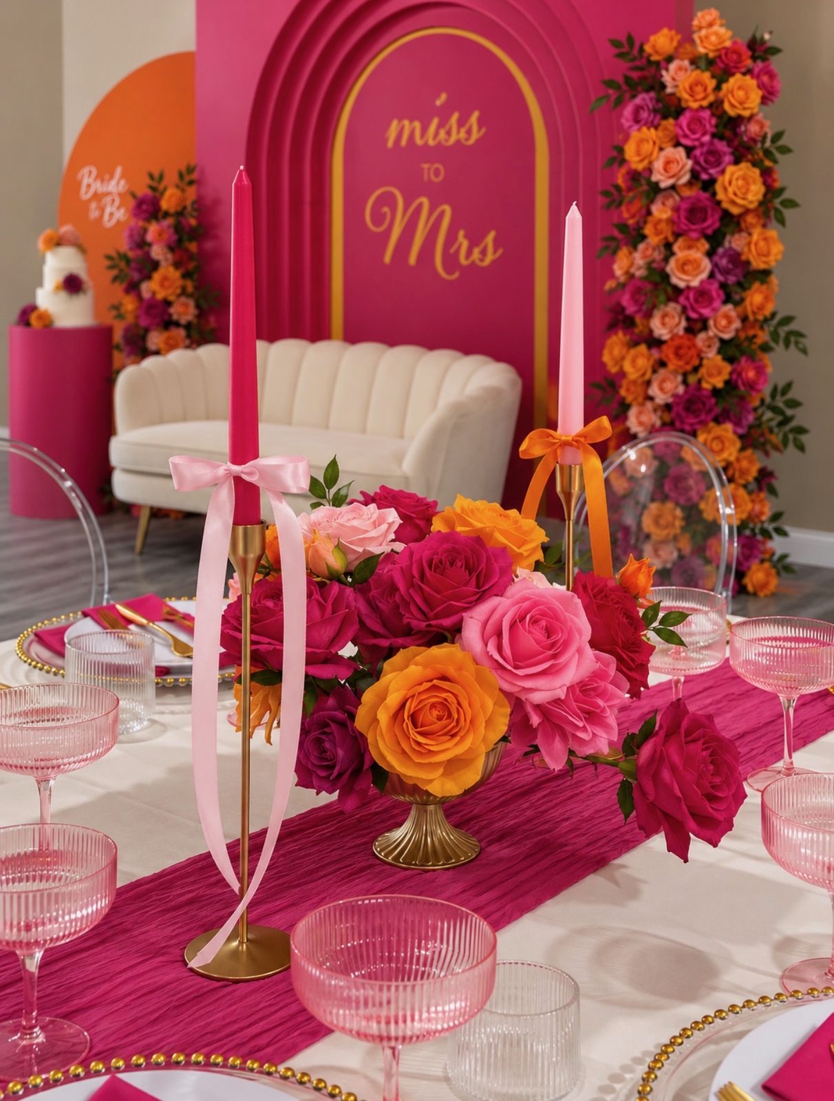 Bridal shower tablescape with pink and orange roses, pink coupe glasses, and a miss to Mrs arch — Creative Motion Events